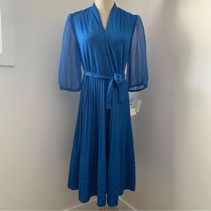 NWT Vintage Sears Blue Vneck 3/4 Sleeve Pleated Midi Dress